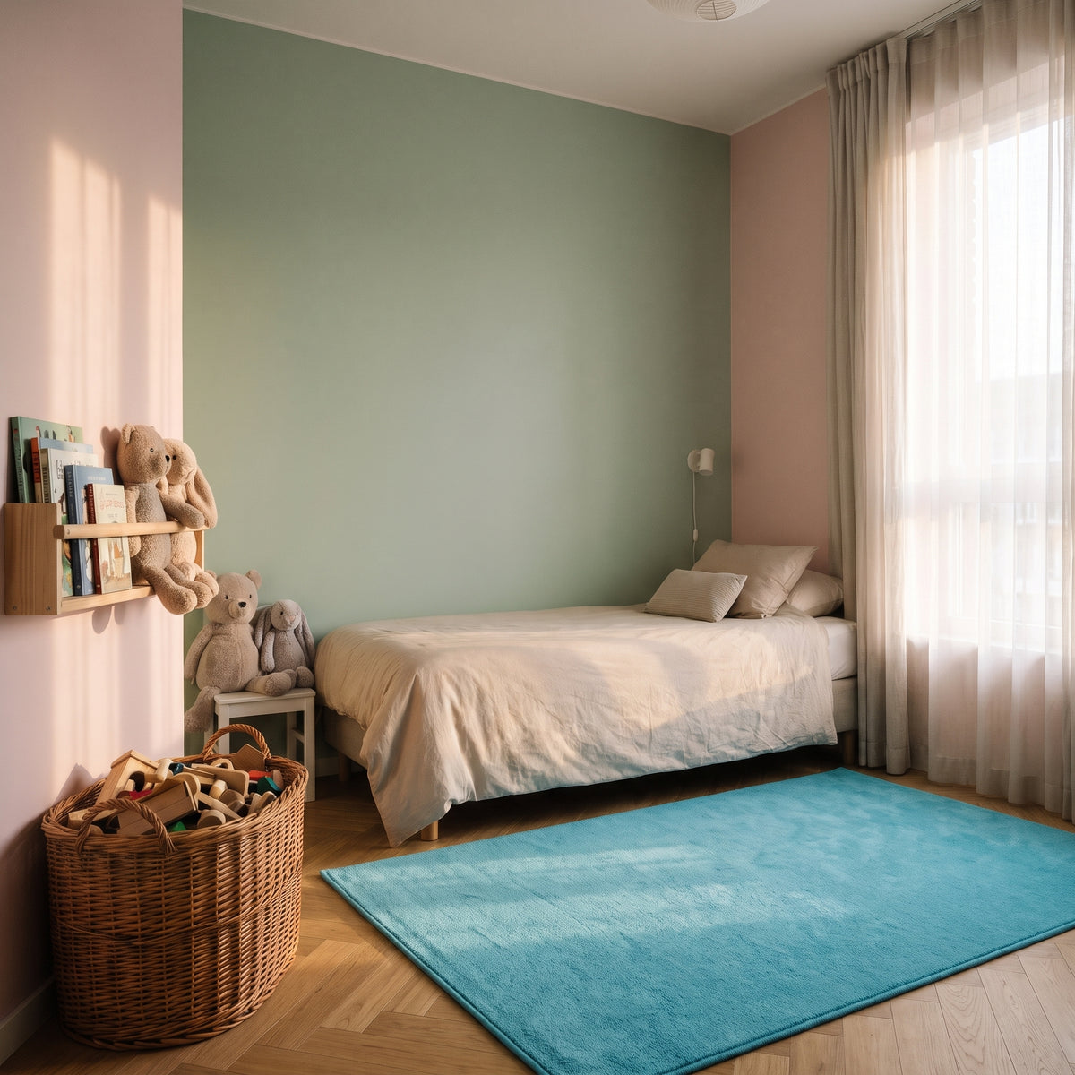Tapis en molleton bleu ciel posé sur le sol d'une chambre d'enfant