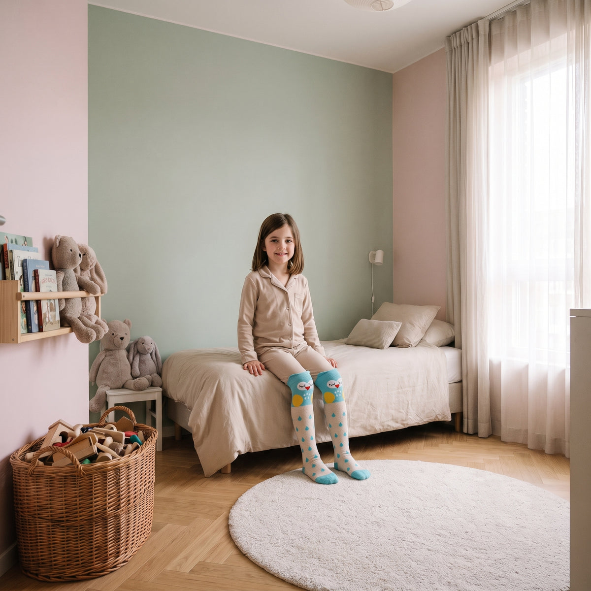 Chaussettes hautes bleu clair à chouettes portées par une enfant
