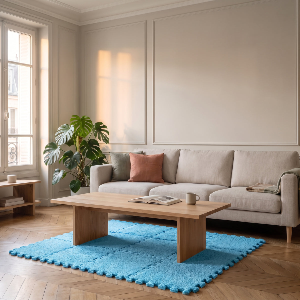 Carrés de tapis en mousse bleu clair emboîtés dans un salon