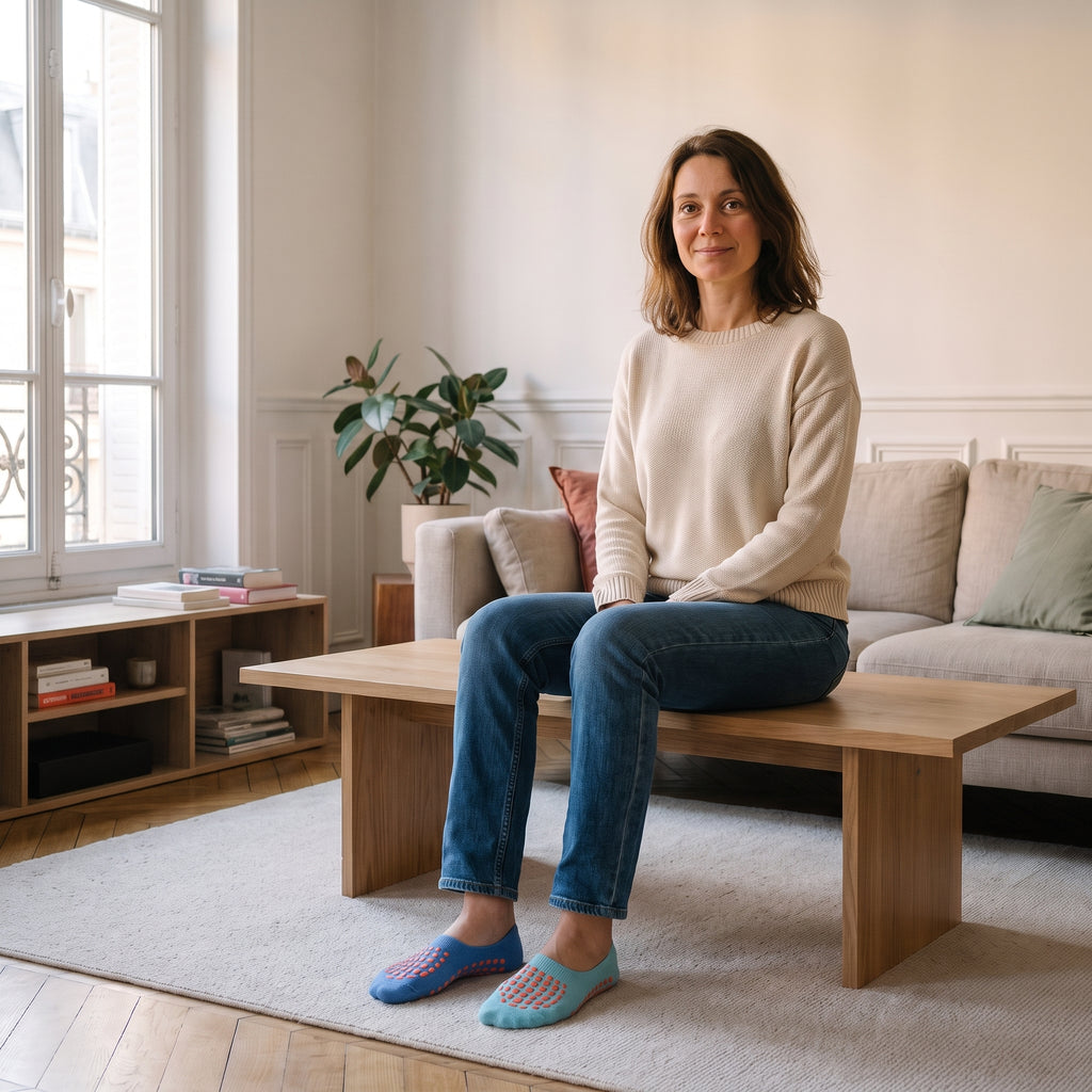 Chaussettes antidérapantes bleu clair portées aux pieds
