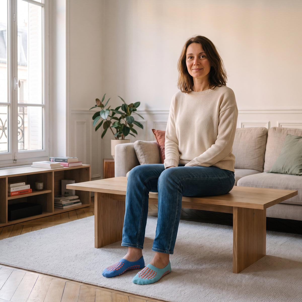 Chaussettes antidérapantes bleu clair portées aux pieds