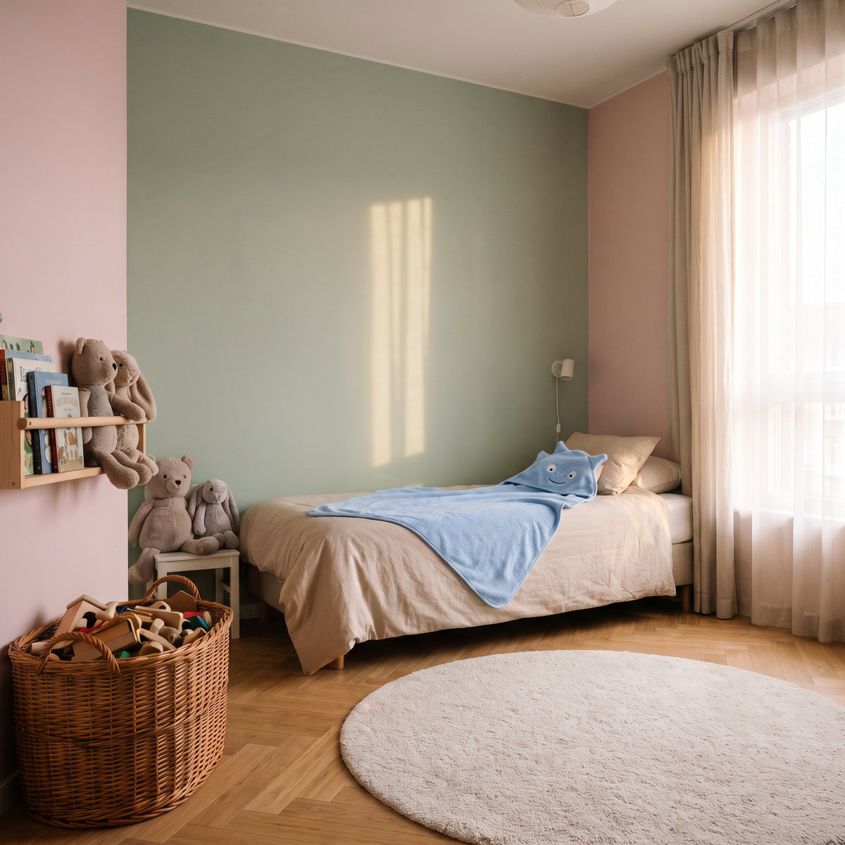 Cape de bain bébé bleu clair à capuche animal posée sur le lit d'enfant