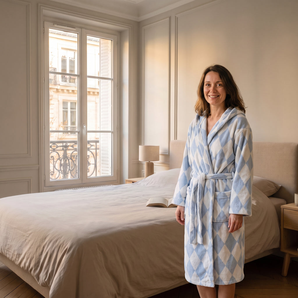 Peignoir femme à capuche, motif bleu et blanc losanges, porté de face