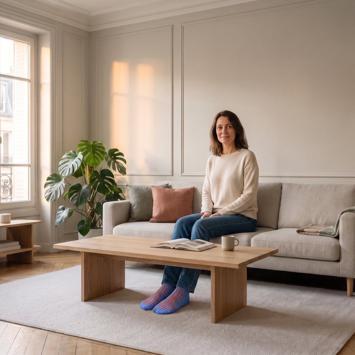 Chaussettes antidérapantes bleu foncé portées aux pieds