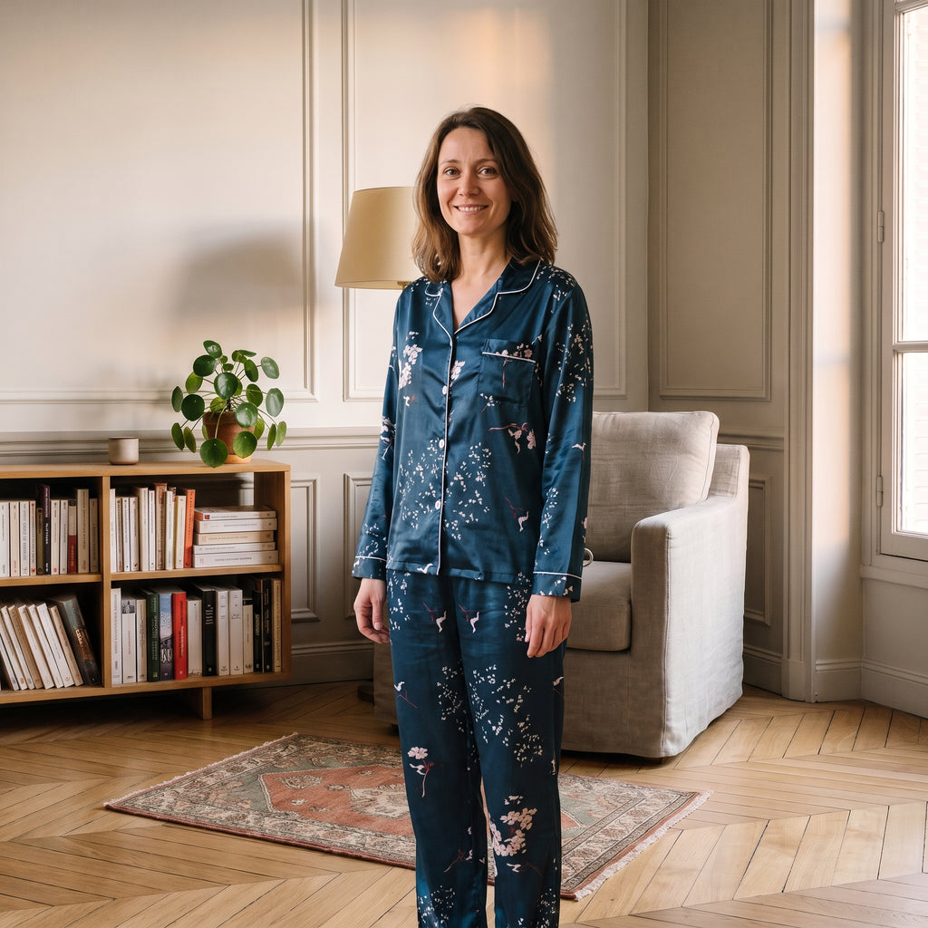 Pyjama en satin bleu foncé porté par une femme