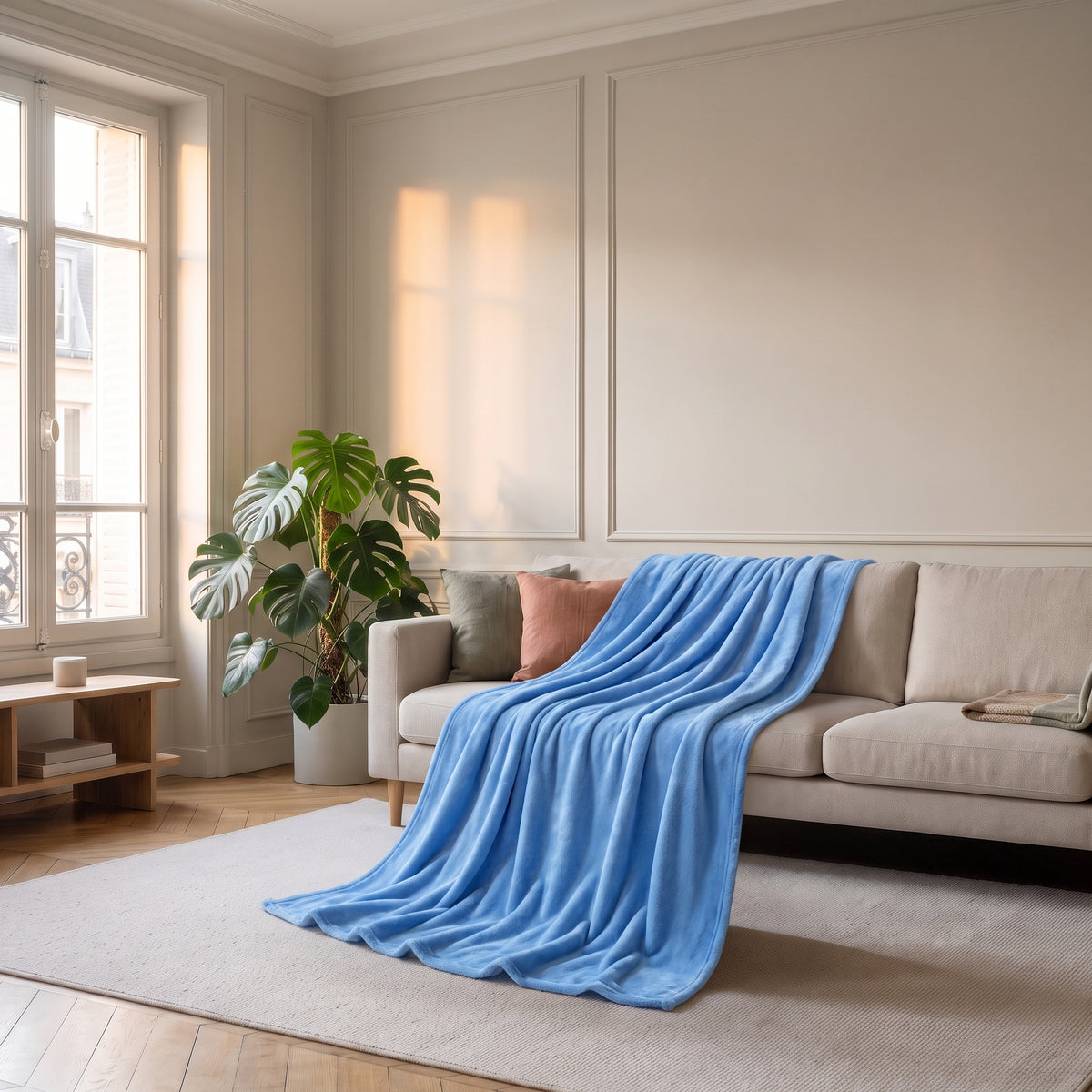 Plaid en flanelle bleu foncé jeté sur un canapé