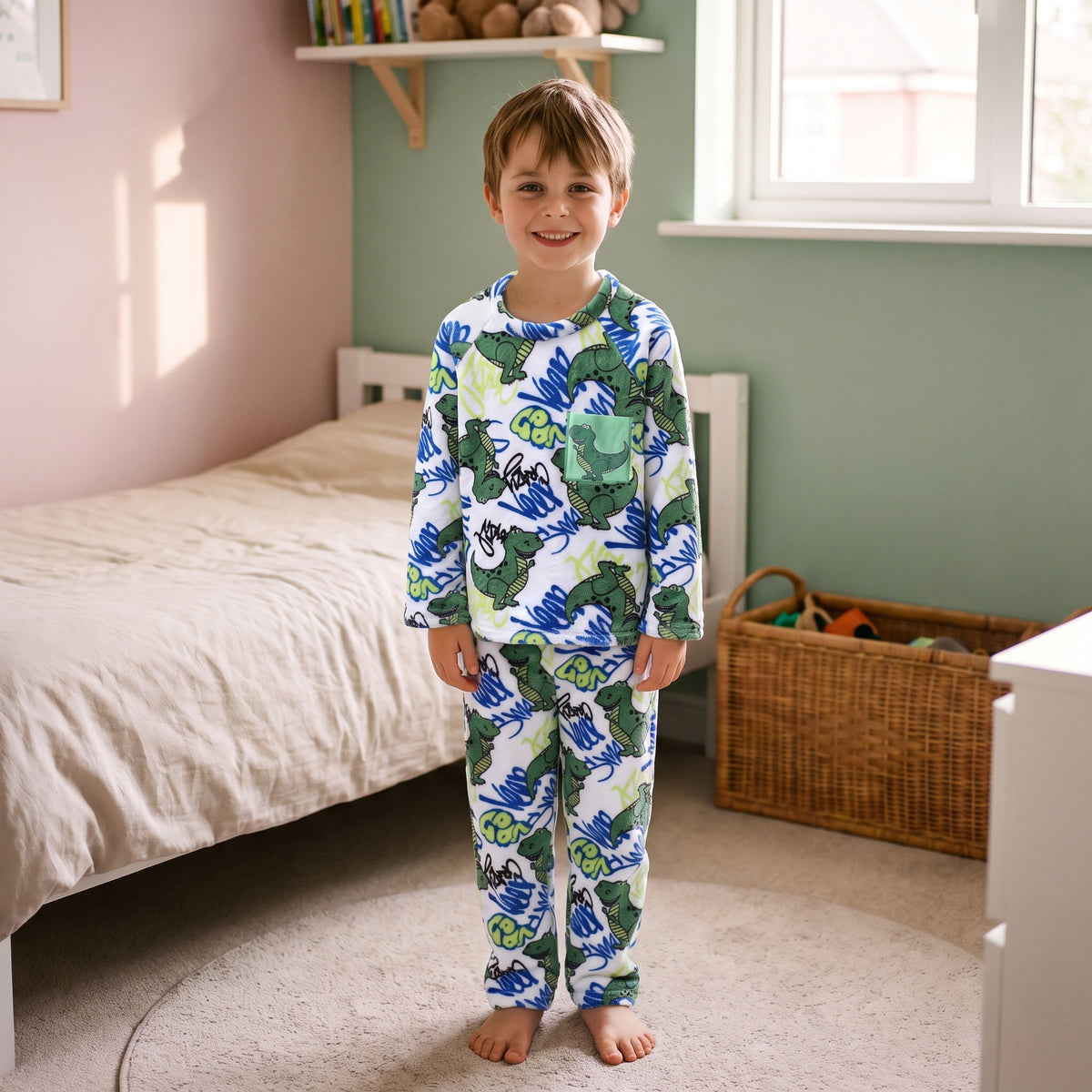 Enfant portant le pyjama polaire dinosaures bleu