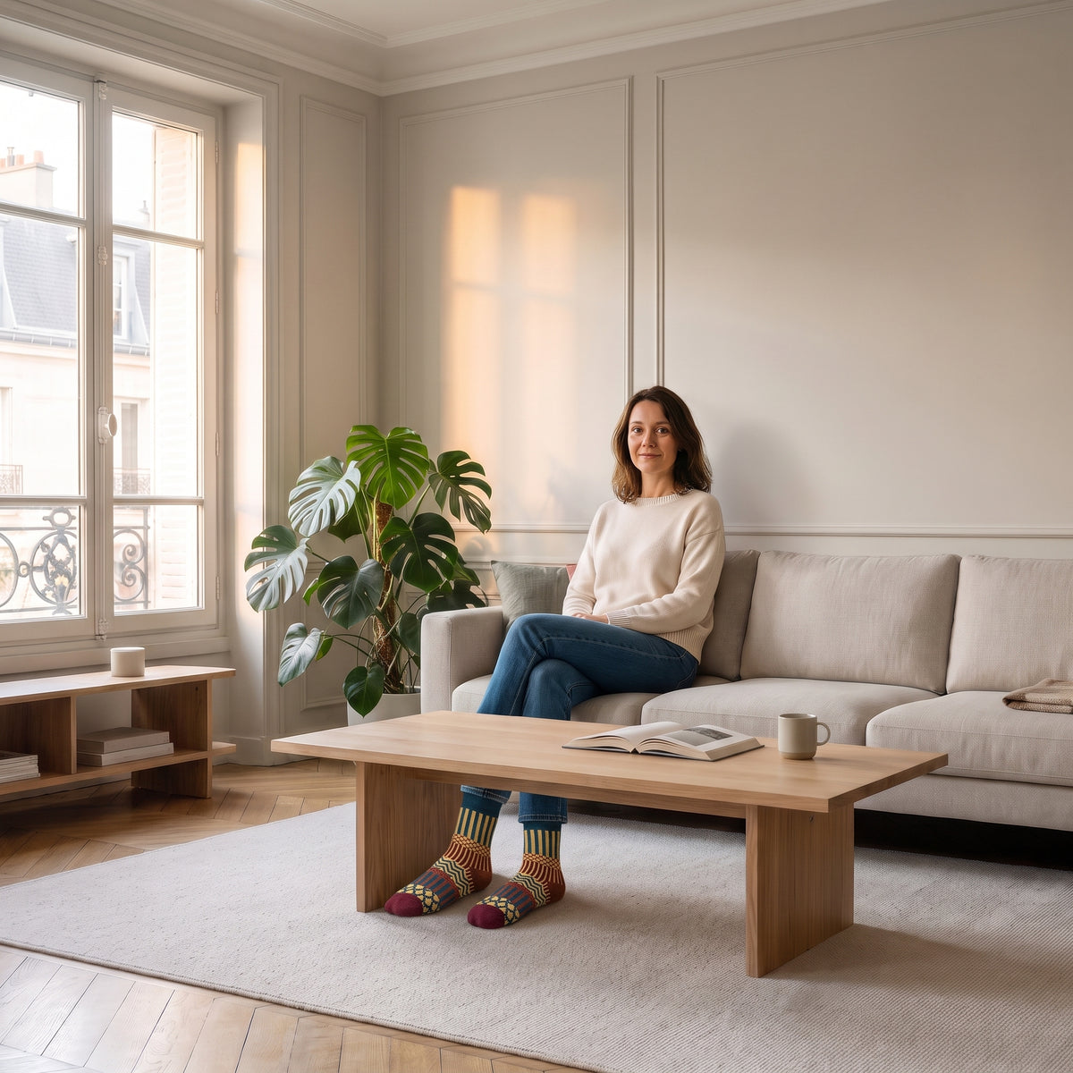 Chaussettes chaudes motif bleu, jaune et bordeaux portées par une femme