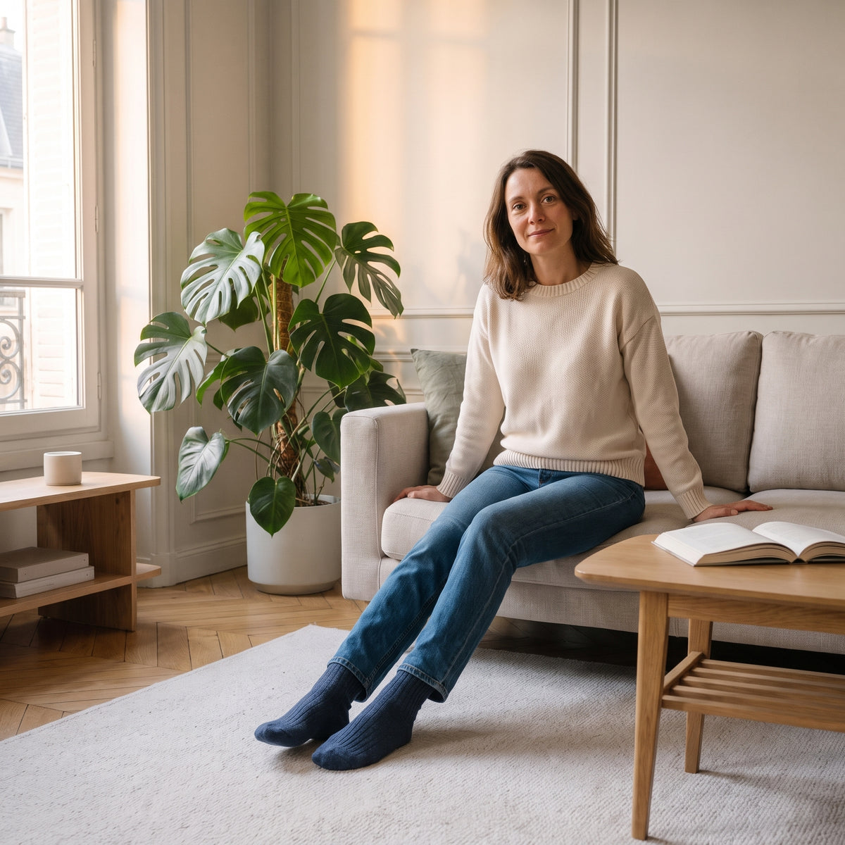 Chaussettes en laine épaisse bleu jean portées