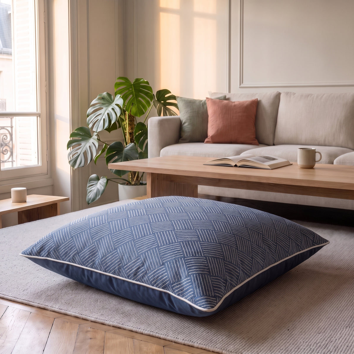 Coussin jacquard satiné bleu marine aux losanges posé sur un fauteuil