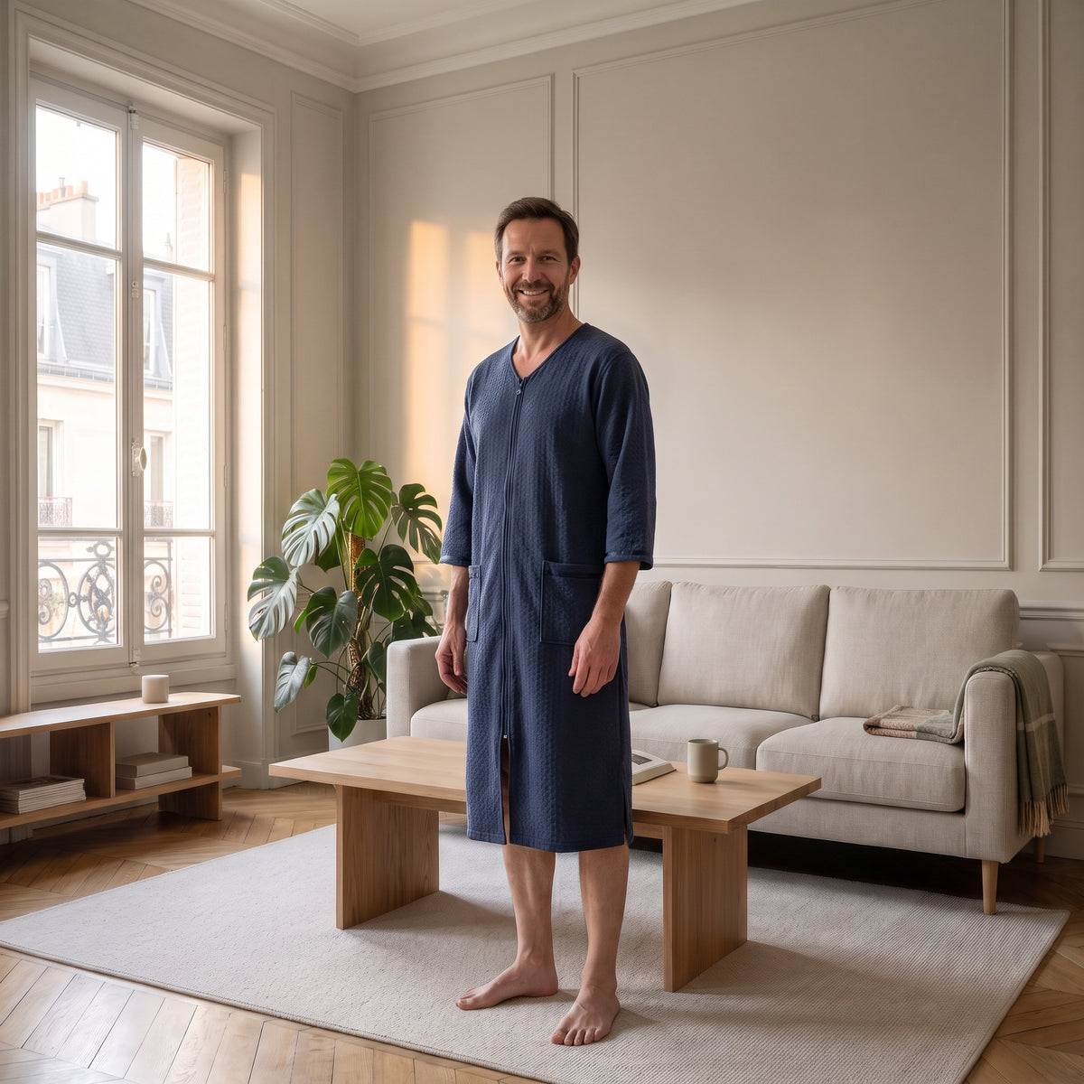 Robe de chambre zippée bleu marine portée