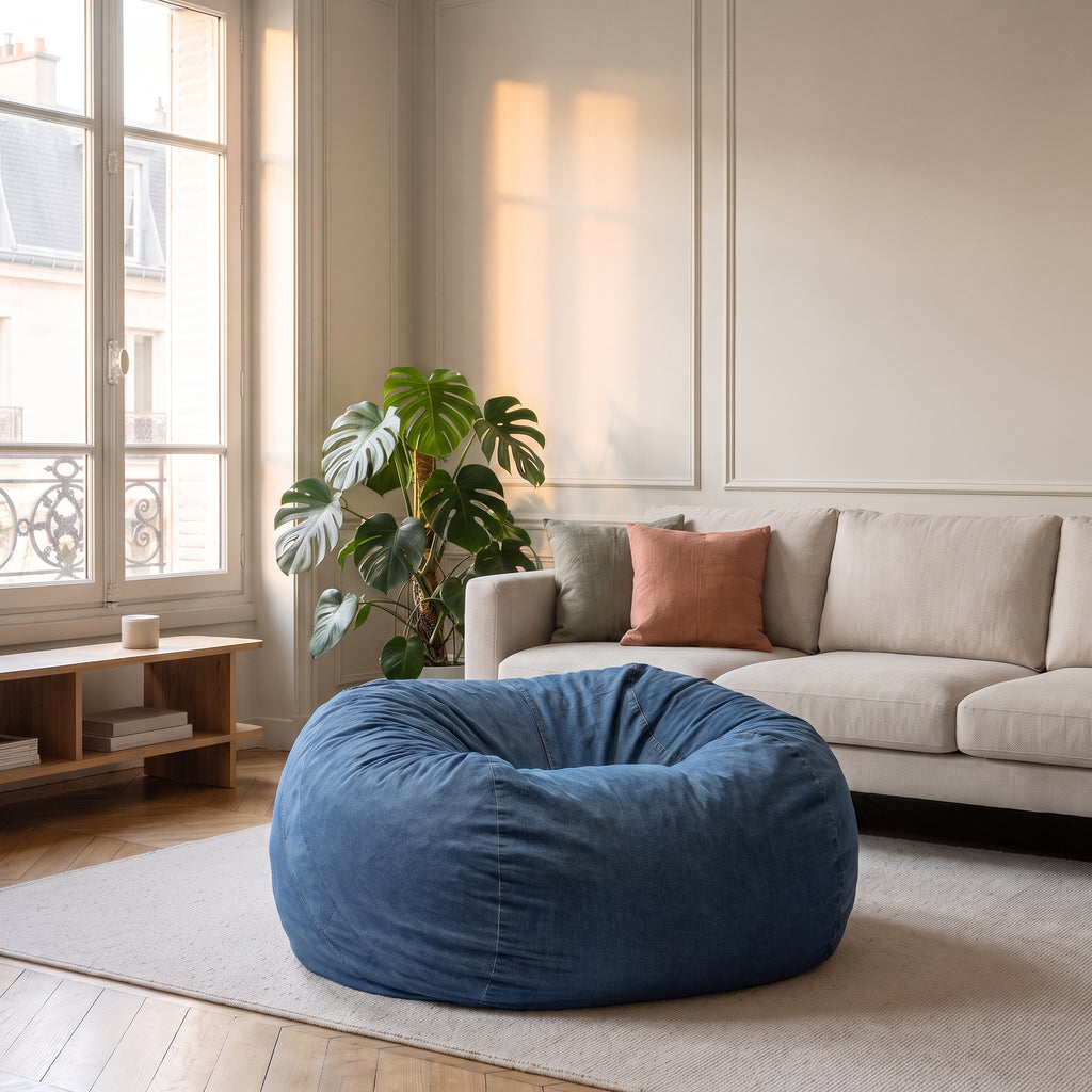 Housse de pouf immense bleu navy posée au sol du salon