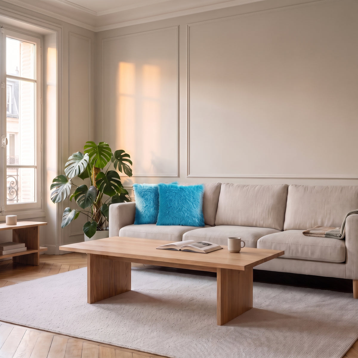 Housse de coussin en fausse fourrure bleu turquoise
