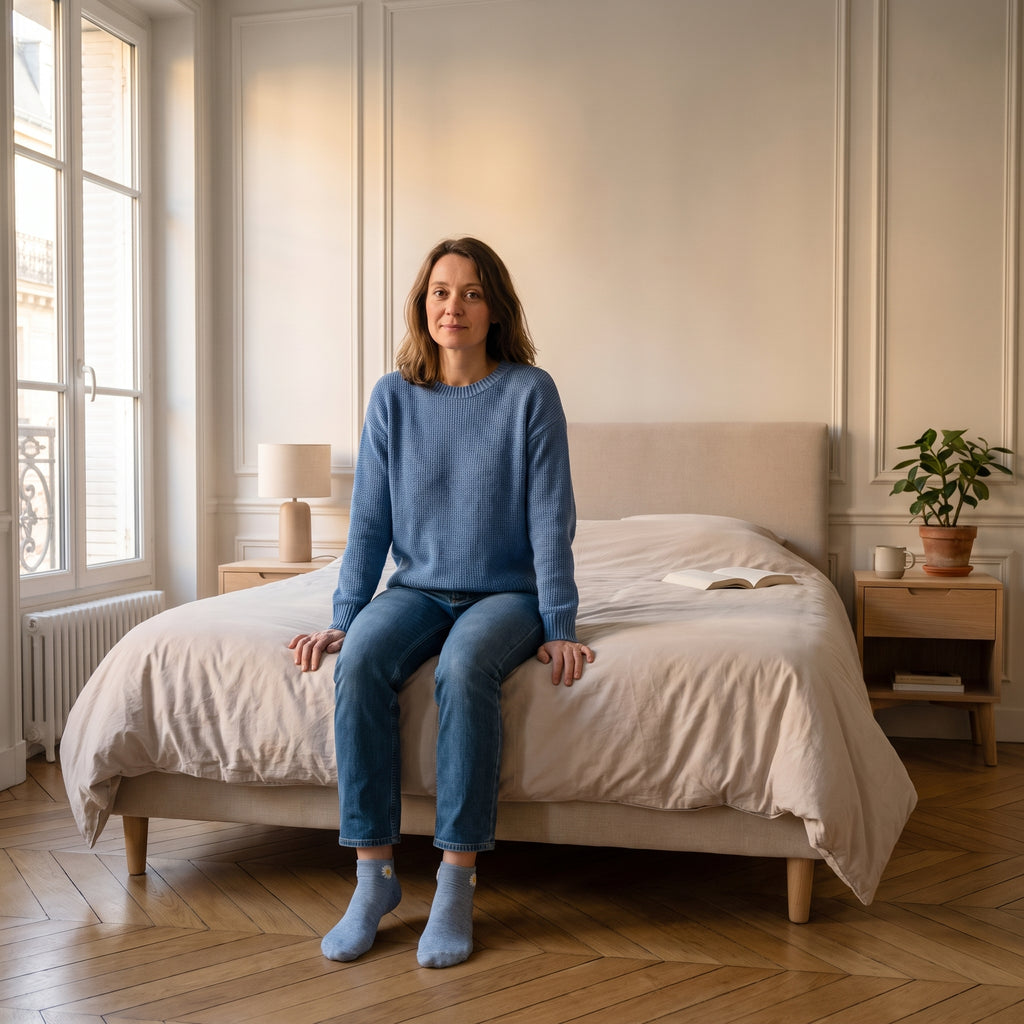 Chaussettes basses bleues à marguerite brodée portées aux pieds dans une chambre