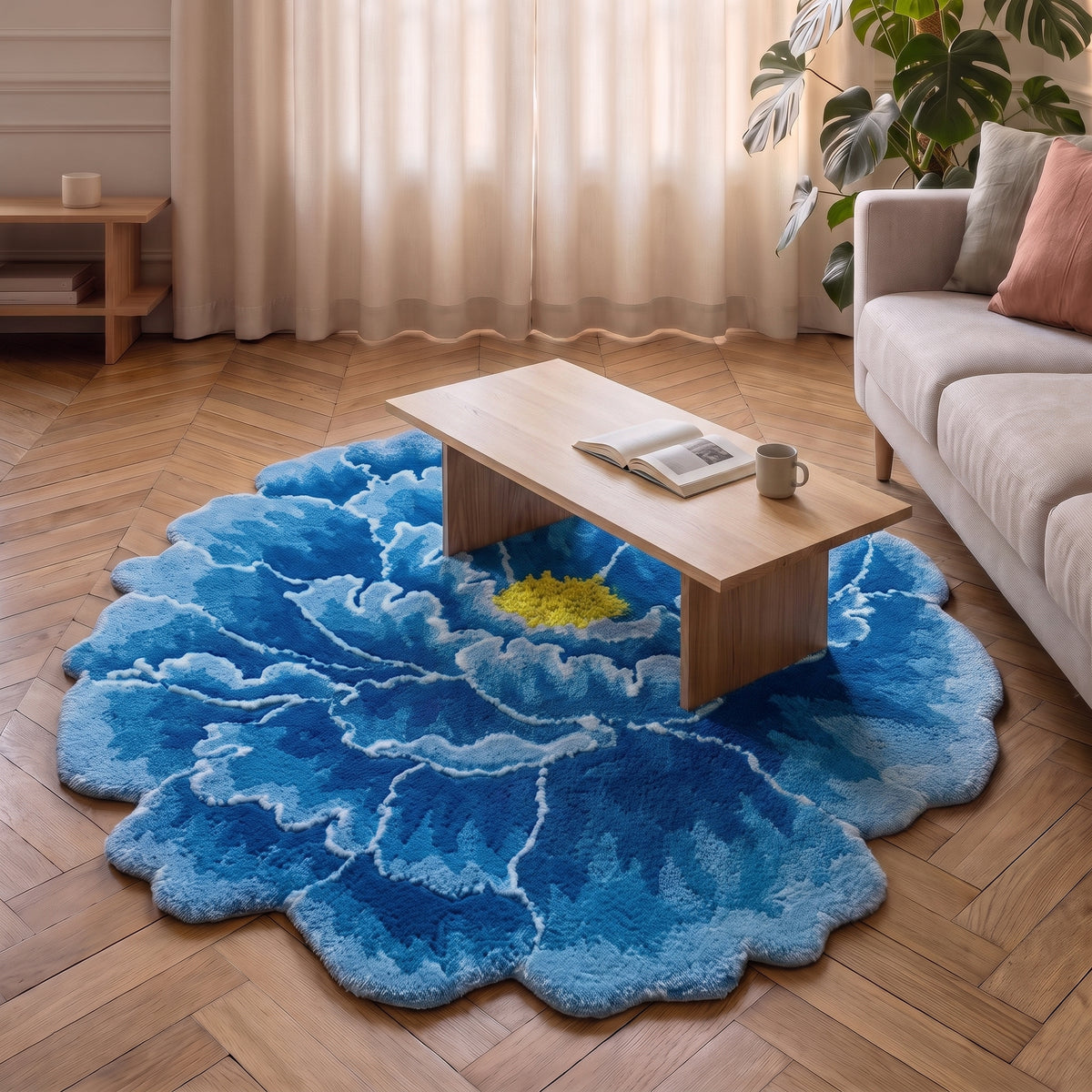 Tapis en forme de pivoine Bleu