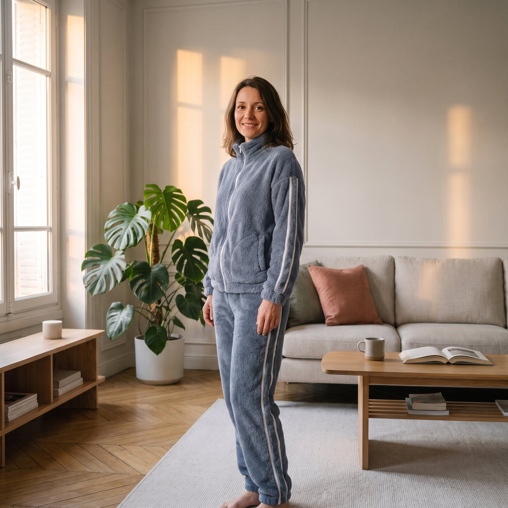Ensemble en molleton bleu porté par une femme
