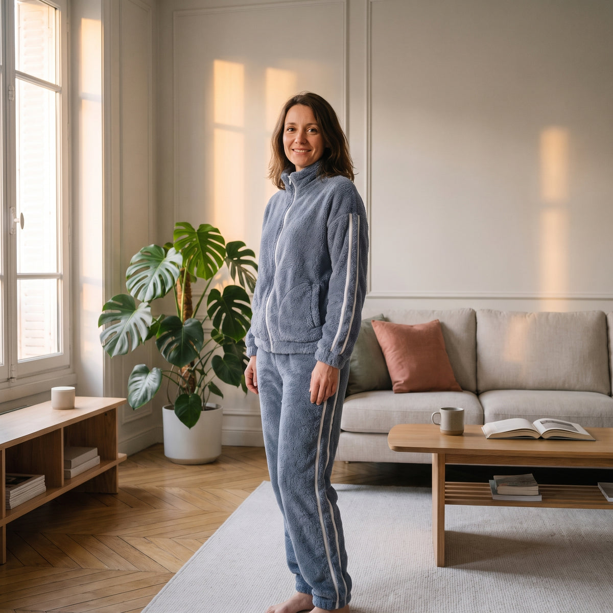 Ensemble en molleton bleu porté par une femme