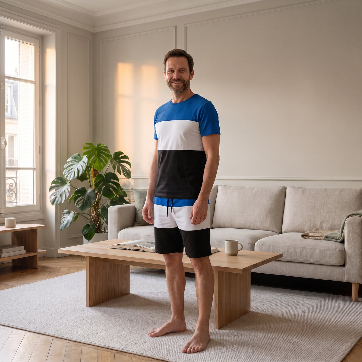 Homme portant l’ensemble court color block bleu