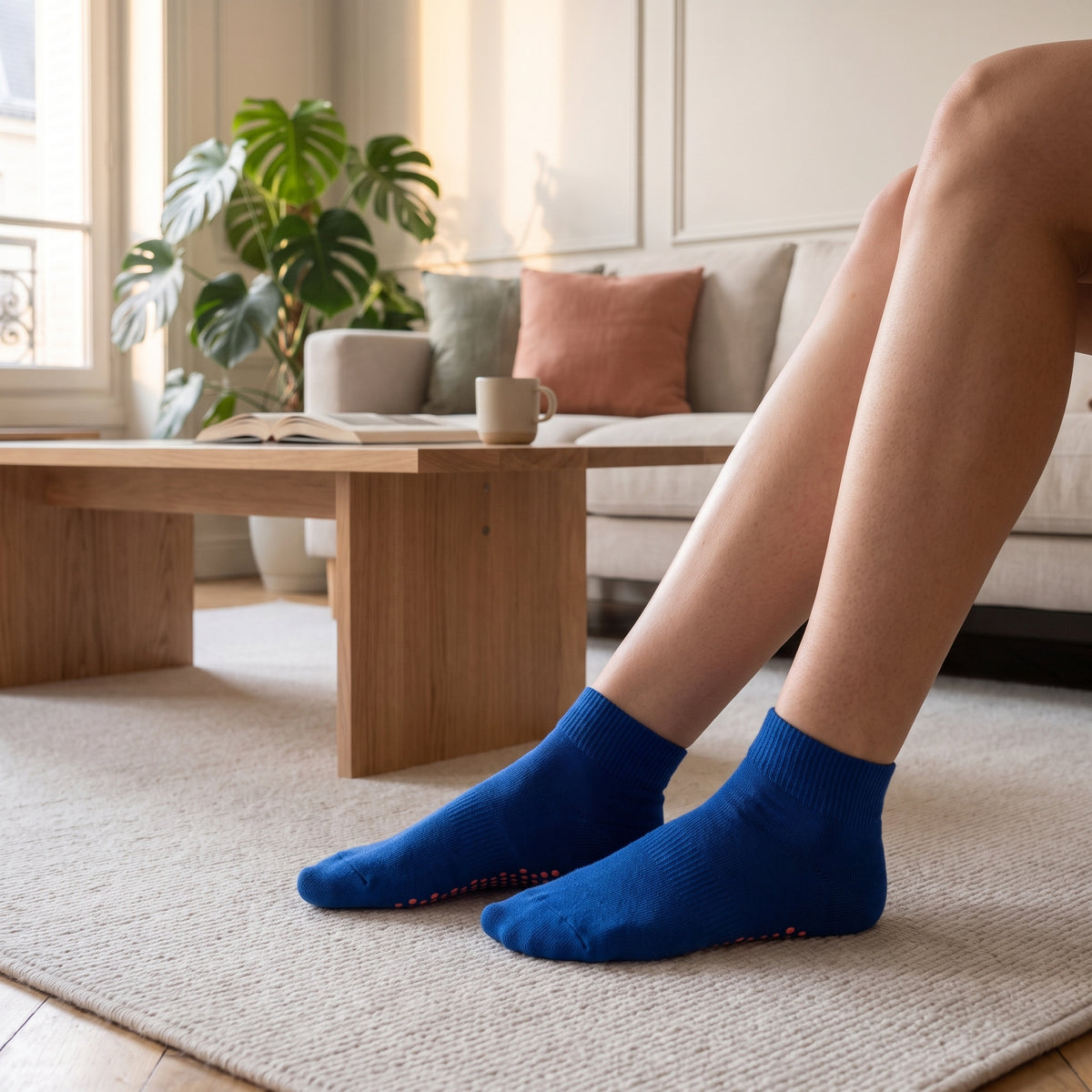 Chaussettes basses antiderapantes coloris bleu, portees dans le salon