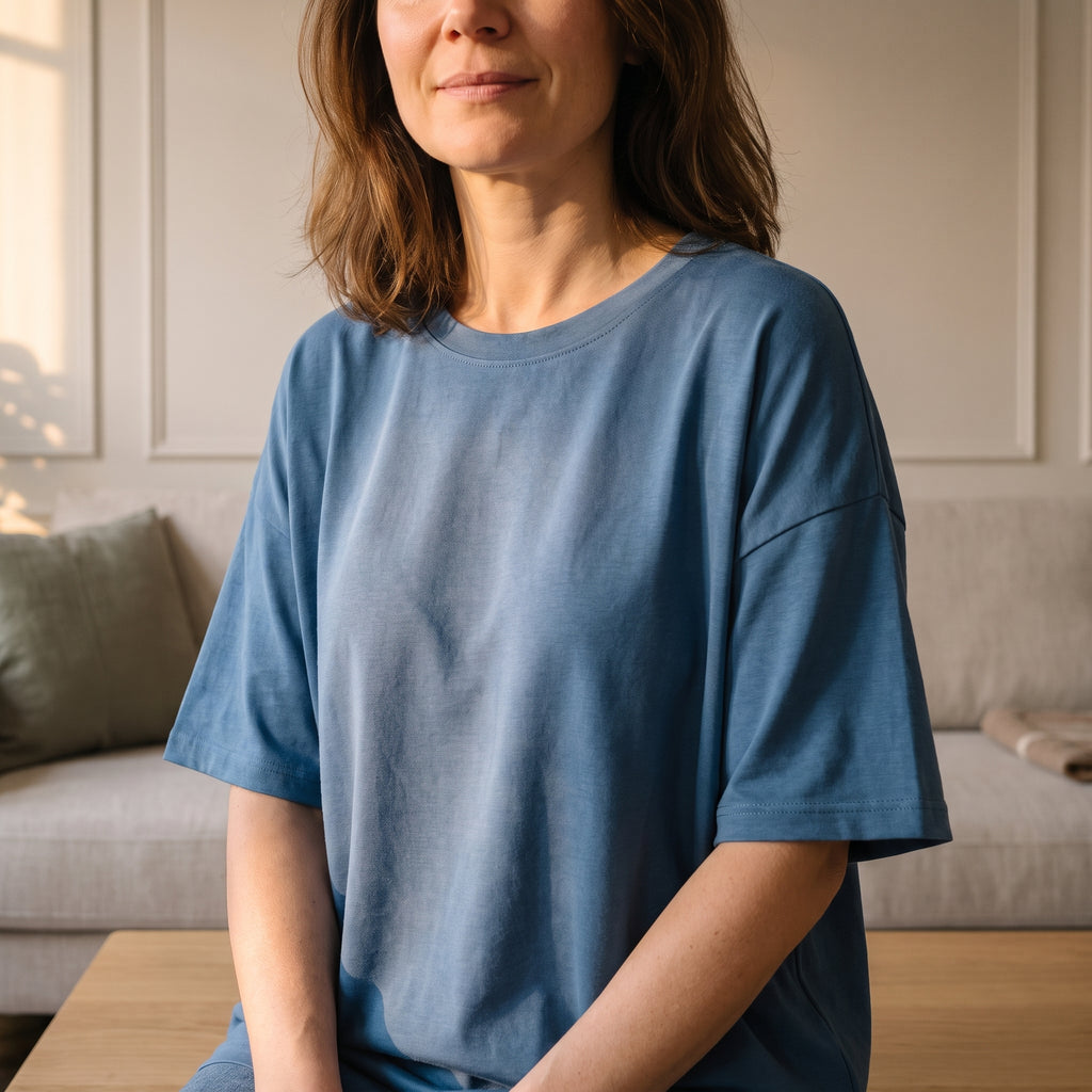 Ensemble d'intérieur en viscose bleu porté par une femme