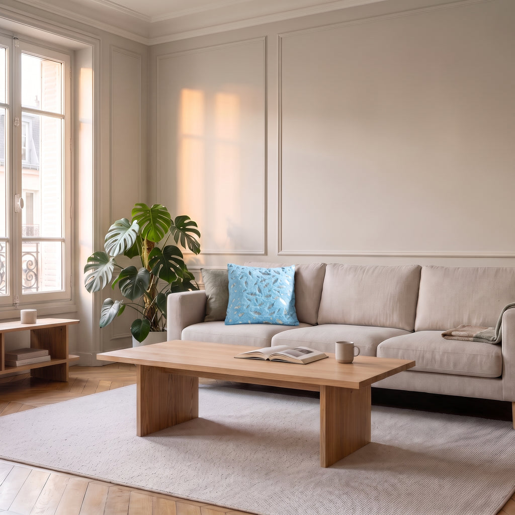 Housse de coussin en velours bleu à plumes dorées