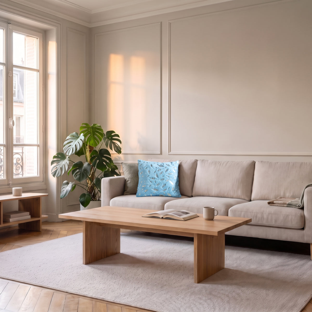 Housse de coussin en velours bleu à plumes dorées