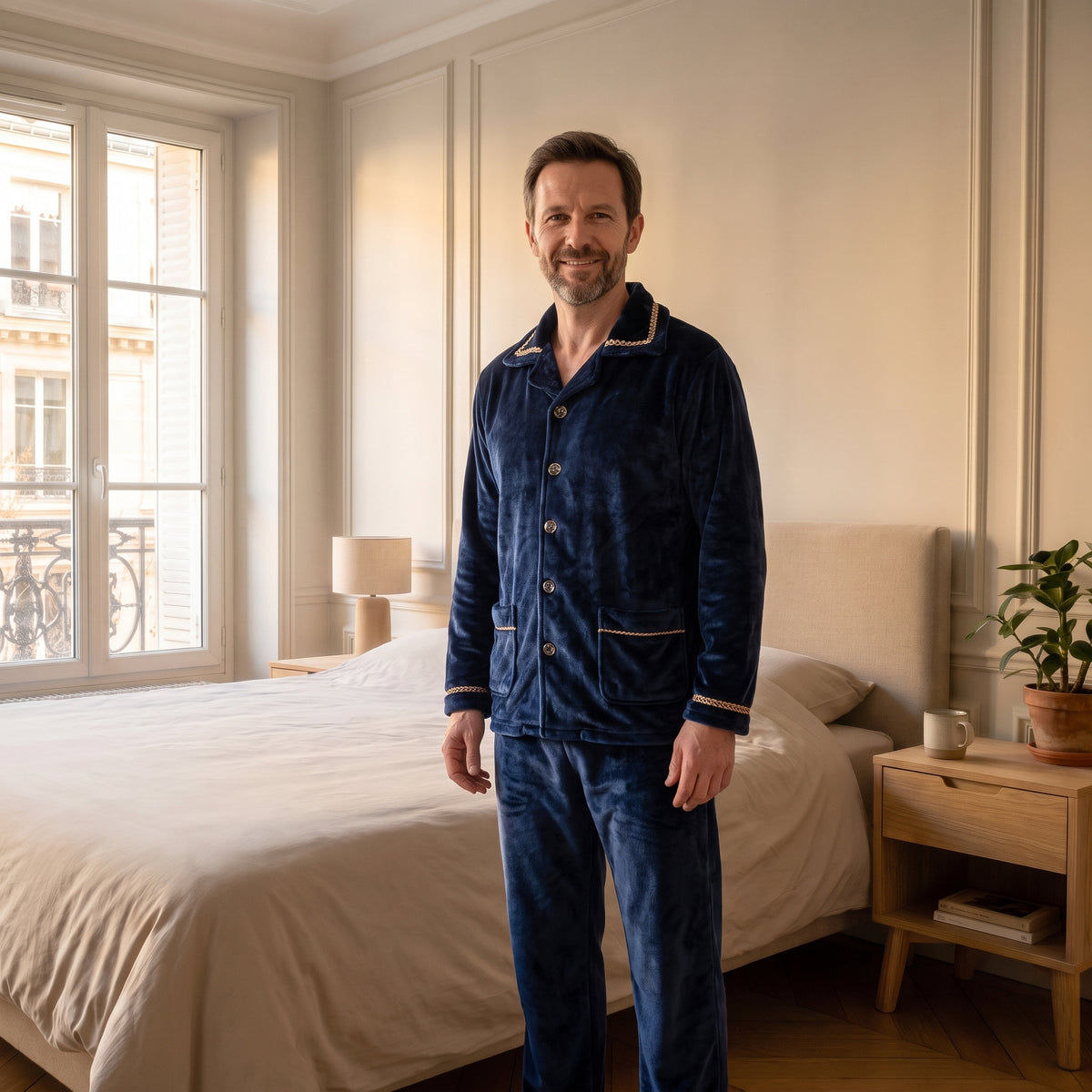 Pyjama en flanelle bleu porté par un homme