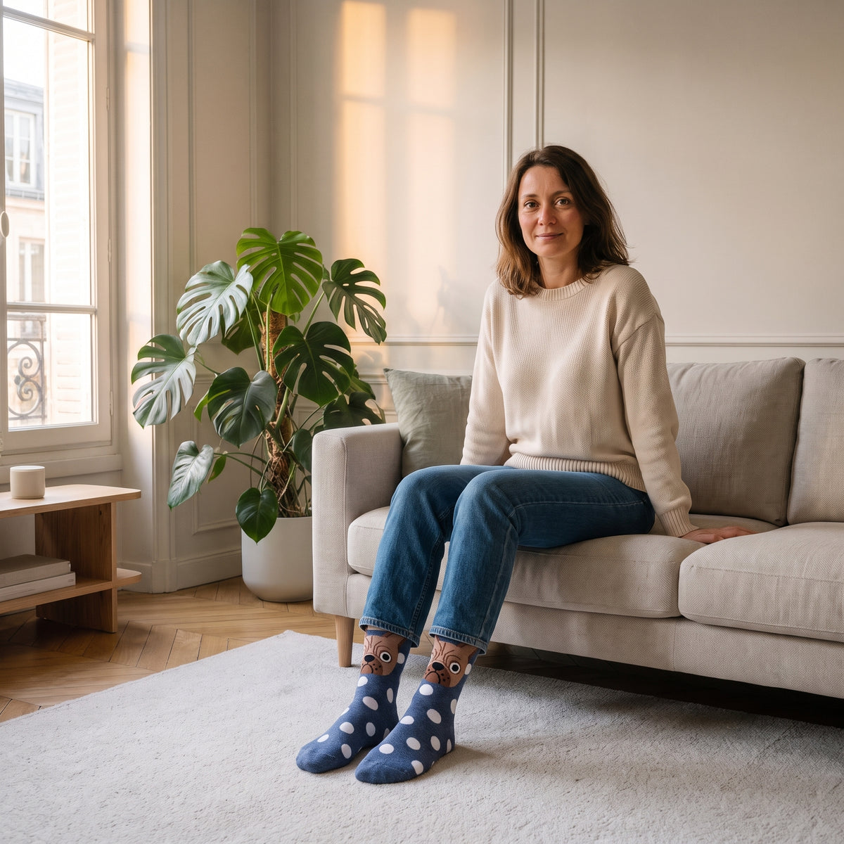 Chaussettes tête de chien bleues à pois portées