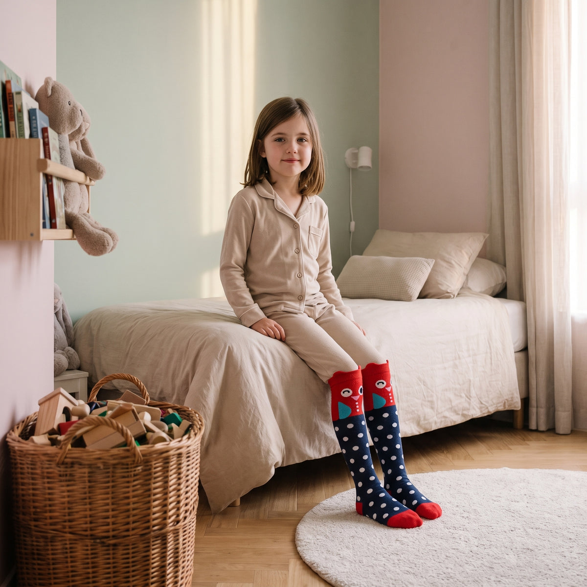 Chaussettes hautes bleues à chouettes portées par une enfant
