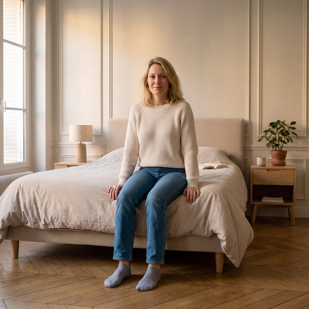 Chaussettes basses bleues à cœur doré portées aux pieds dans une chambre