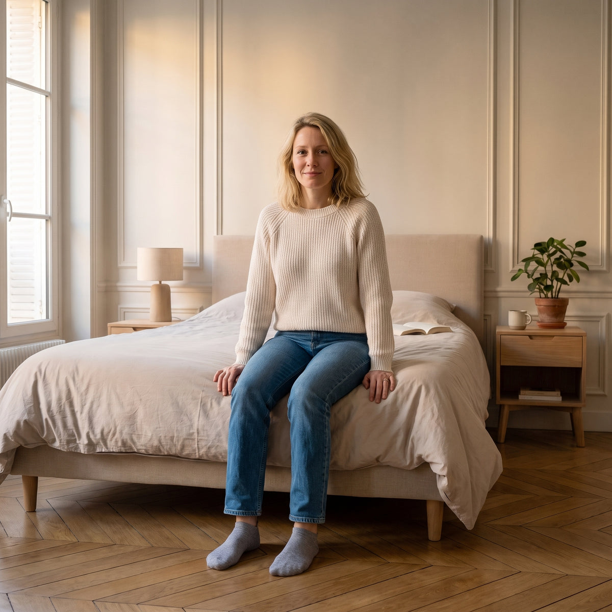 Chaussettes basses bleues à cœur doré portées aux pieds dans une chambre