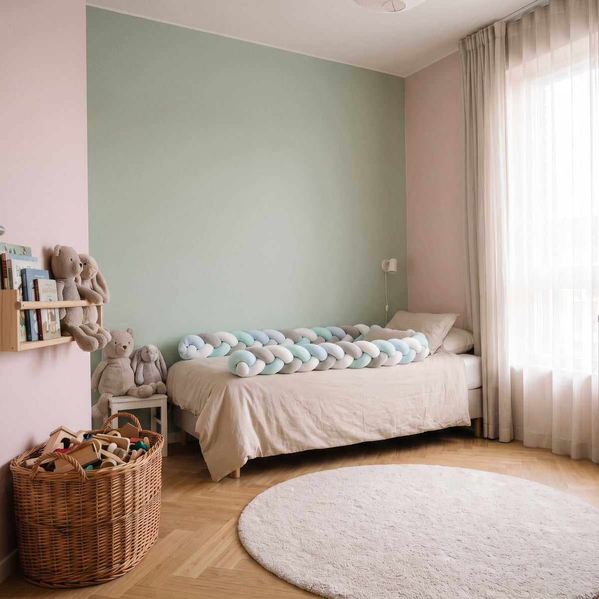 Tour de lit tressé bleu déroulé sur le lit d'enfant, brins bleus, blancs et gris