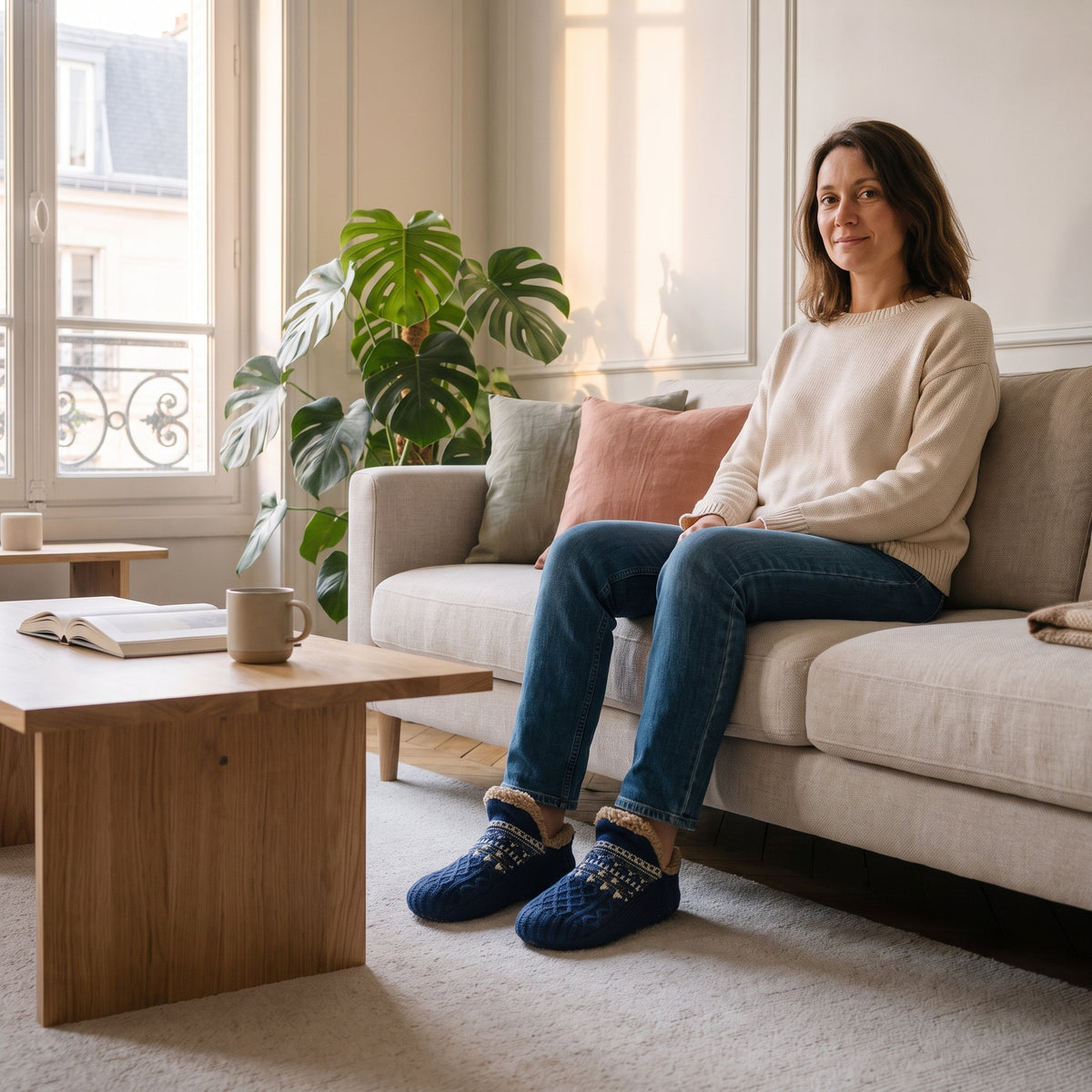 Chaussettes chaussons fourrées bleues portées aux pieds