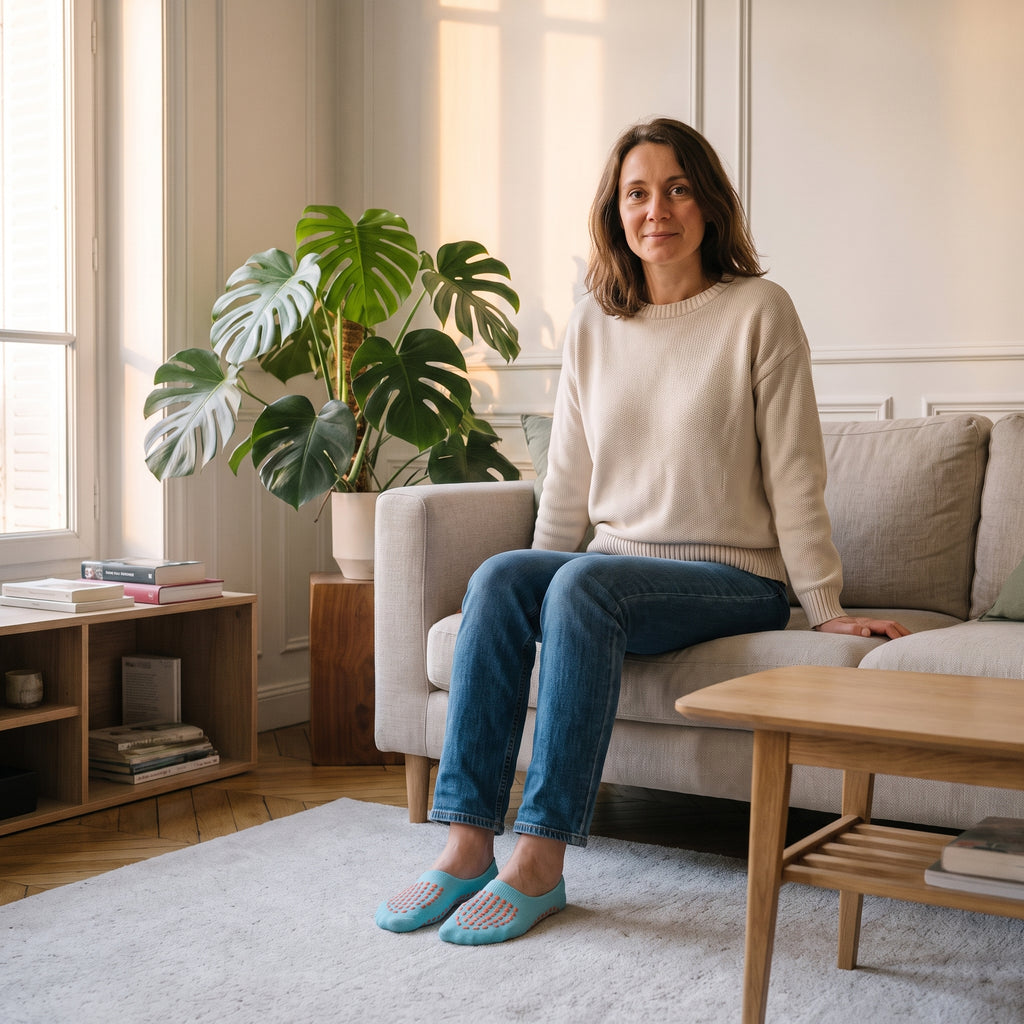 Chaussettes antidérapantes bleues portées aux pieds