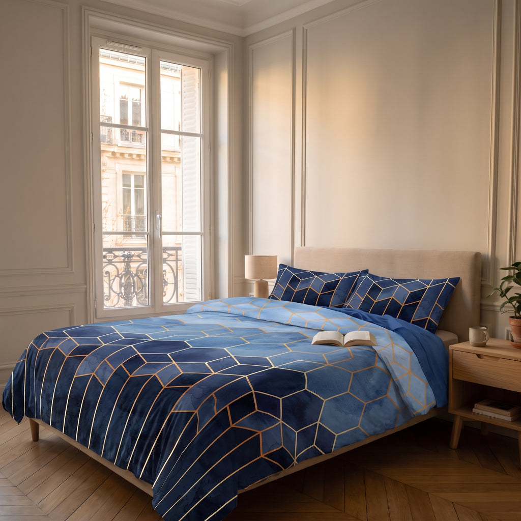 Housse de couette géométrique bleue à lignes dorées