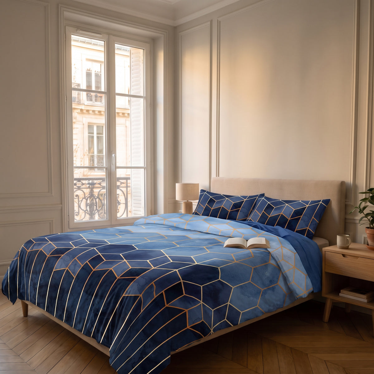 Housse de couette géométrique bleue à lignes dorées