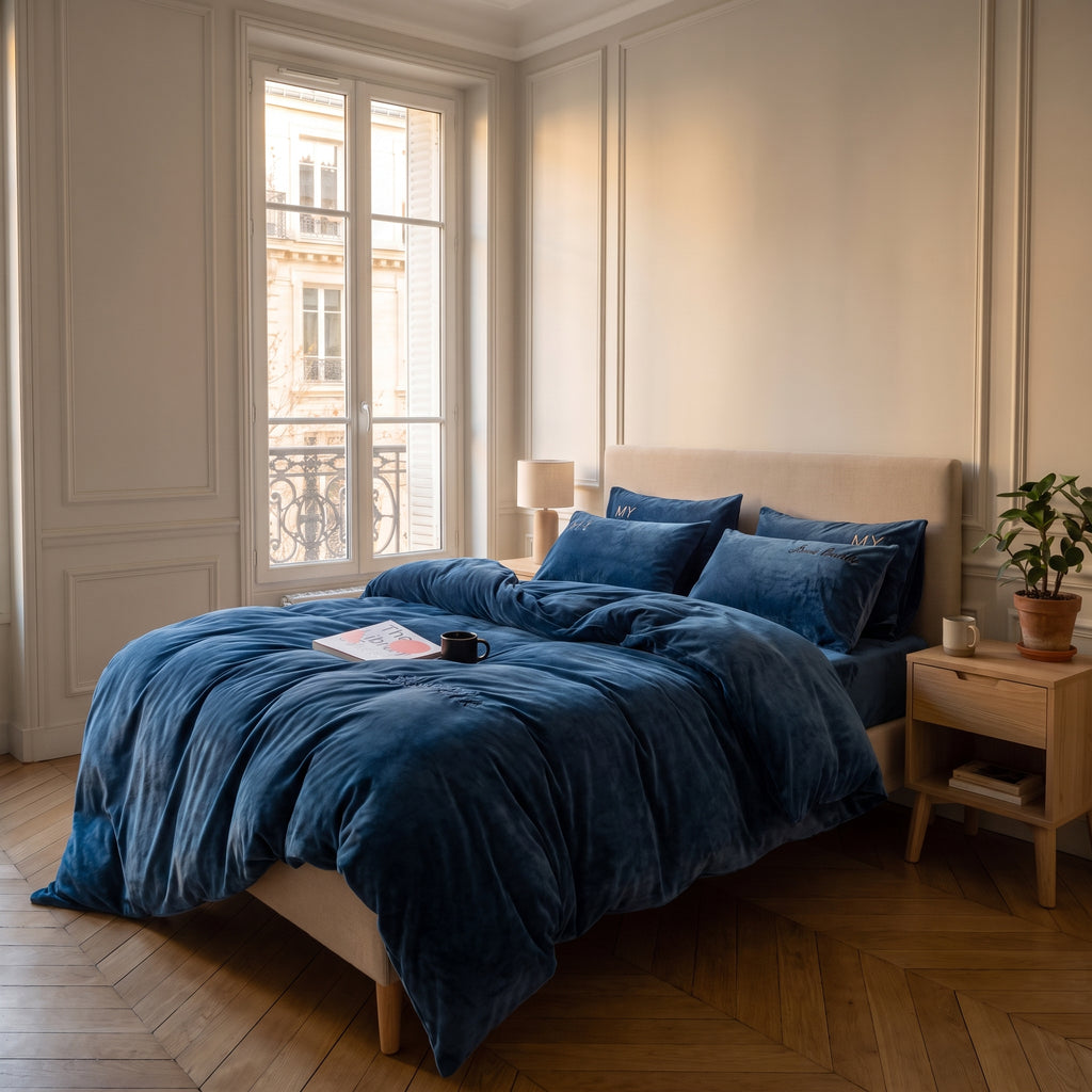 Housse de couette imitation velours bleue