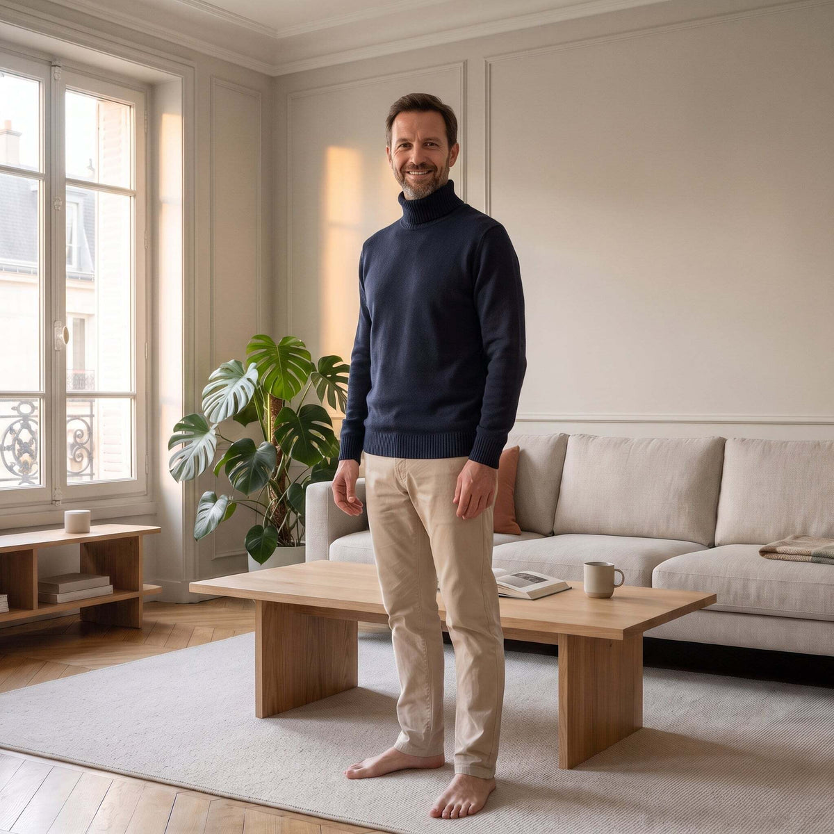 Pull col roulé polaire bleu porté par un homme
