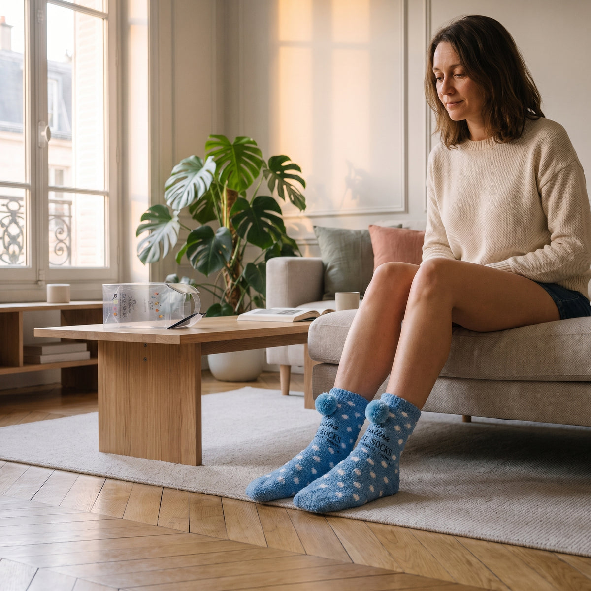 Chaussettes à pompons bleues portées aux pieds