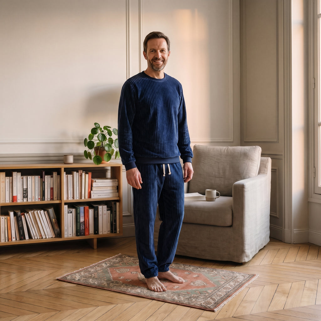 Pyjama en polaire côtelée bleu porté par un homme
