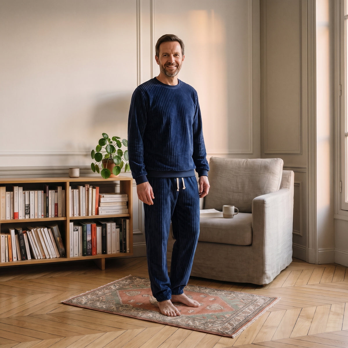Pyjama en polaire côtelée bleu porté par un homme
