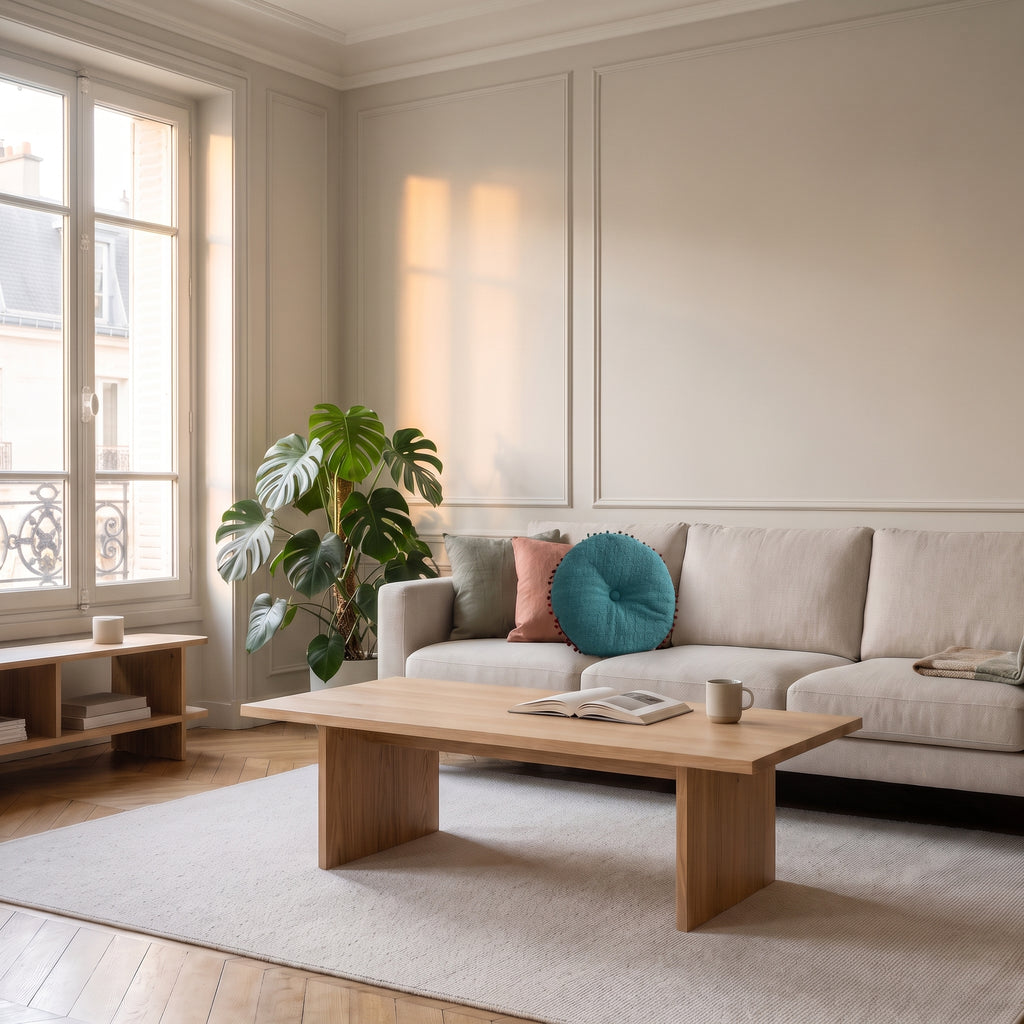Coussin rond bleu à pompons