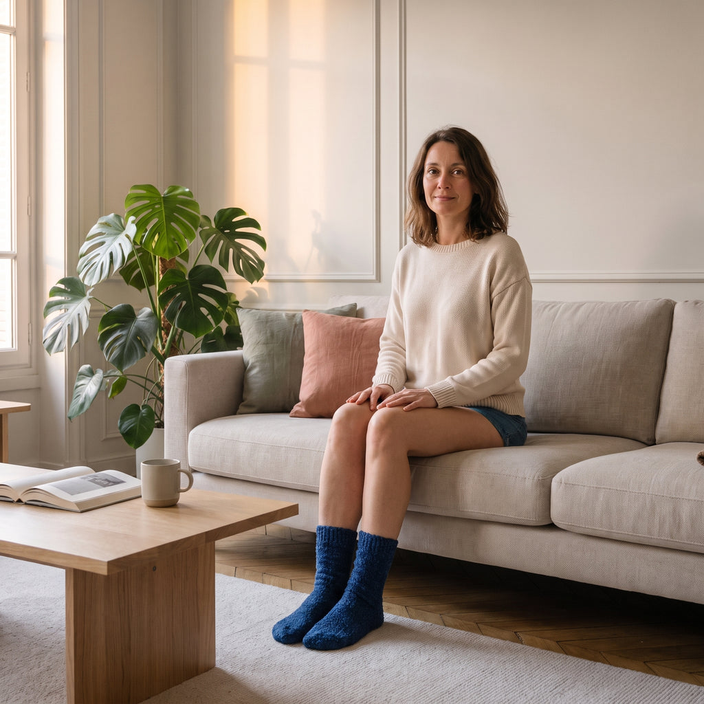 Chaussettes très épaisses chinées bleues portées