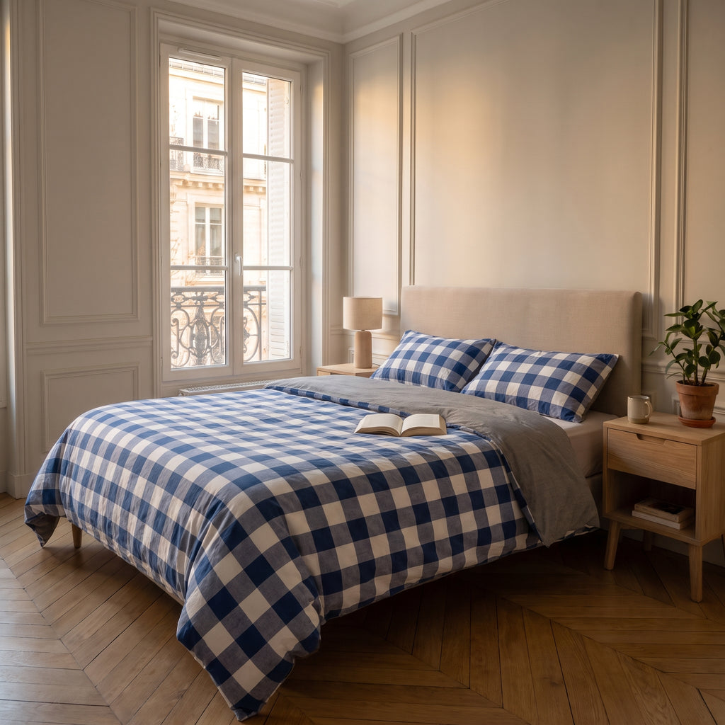 Housse de couette bleue en coton sur un lit fait