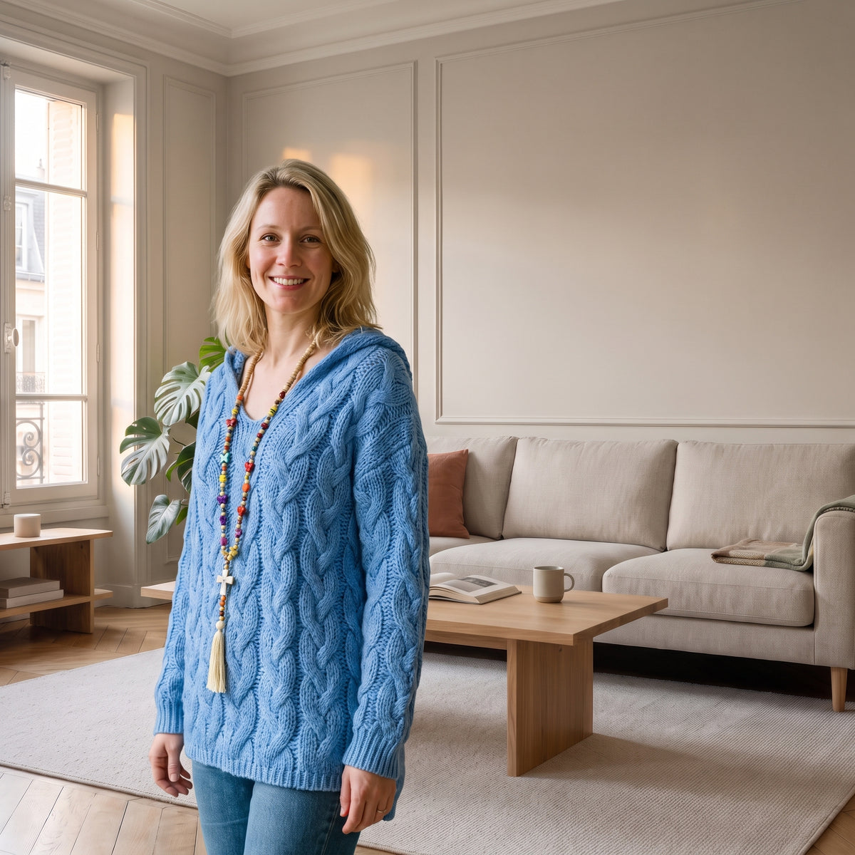 Pull en grosse maille bleu porté par une femme
