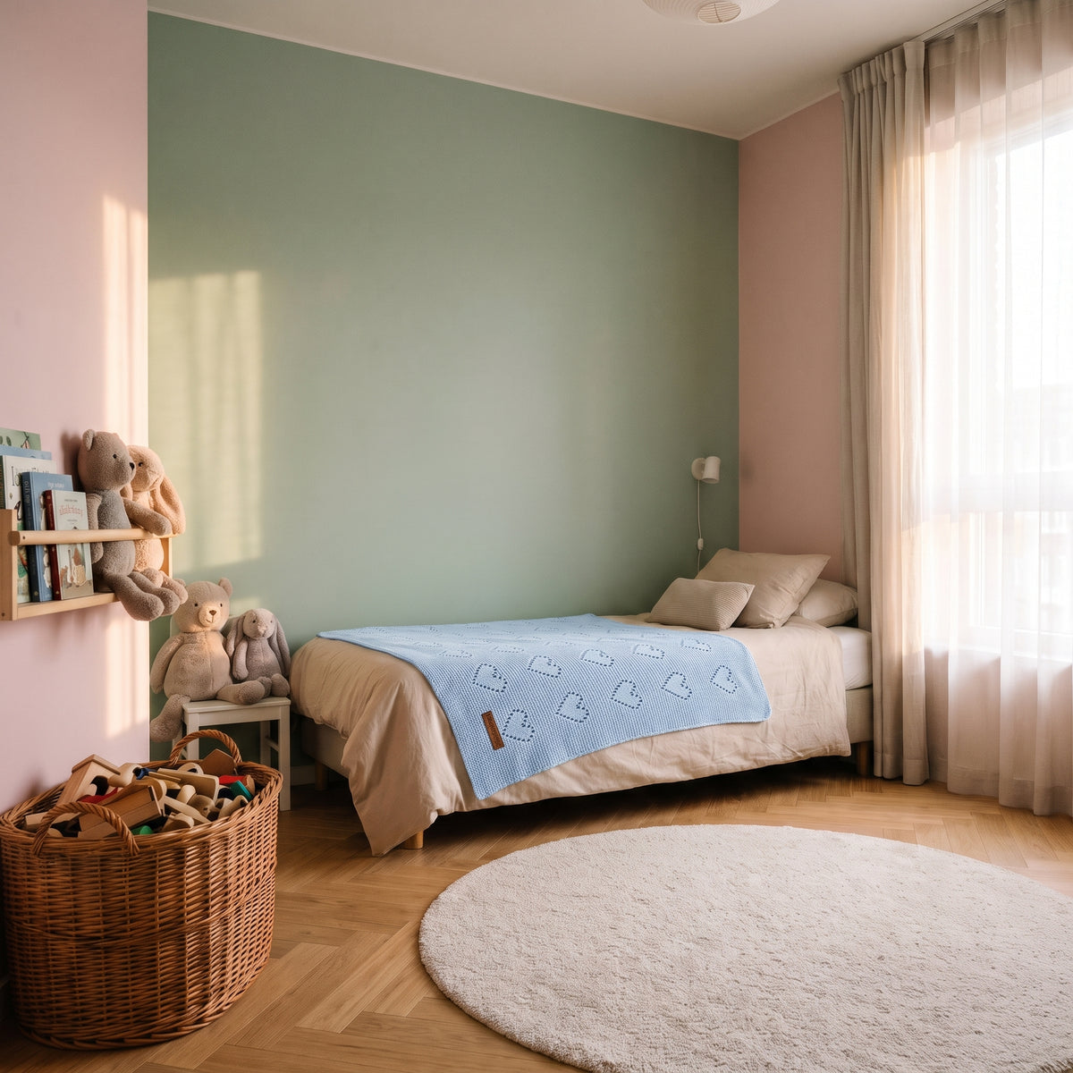 Couverture bébé bleue sur un lit d'enfant