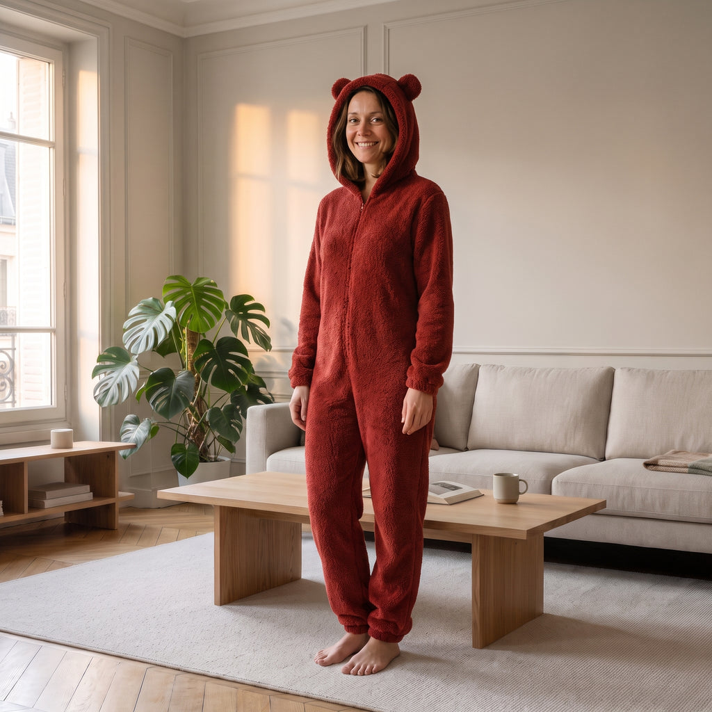 Combinaison polaire bordeaux à capuche pour femme