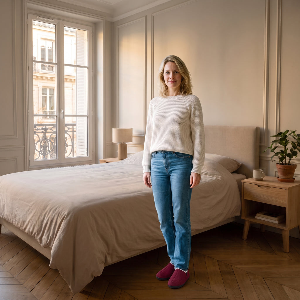 Chaussons fermés fourrés bordeaux portés dans une chambre