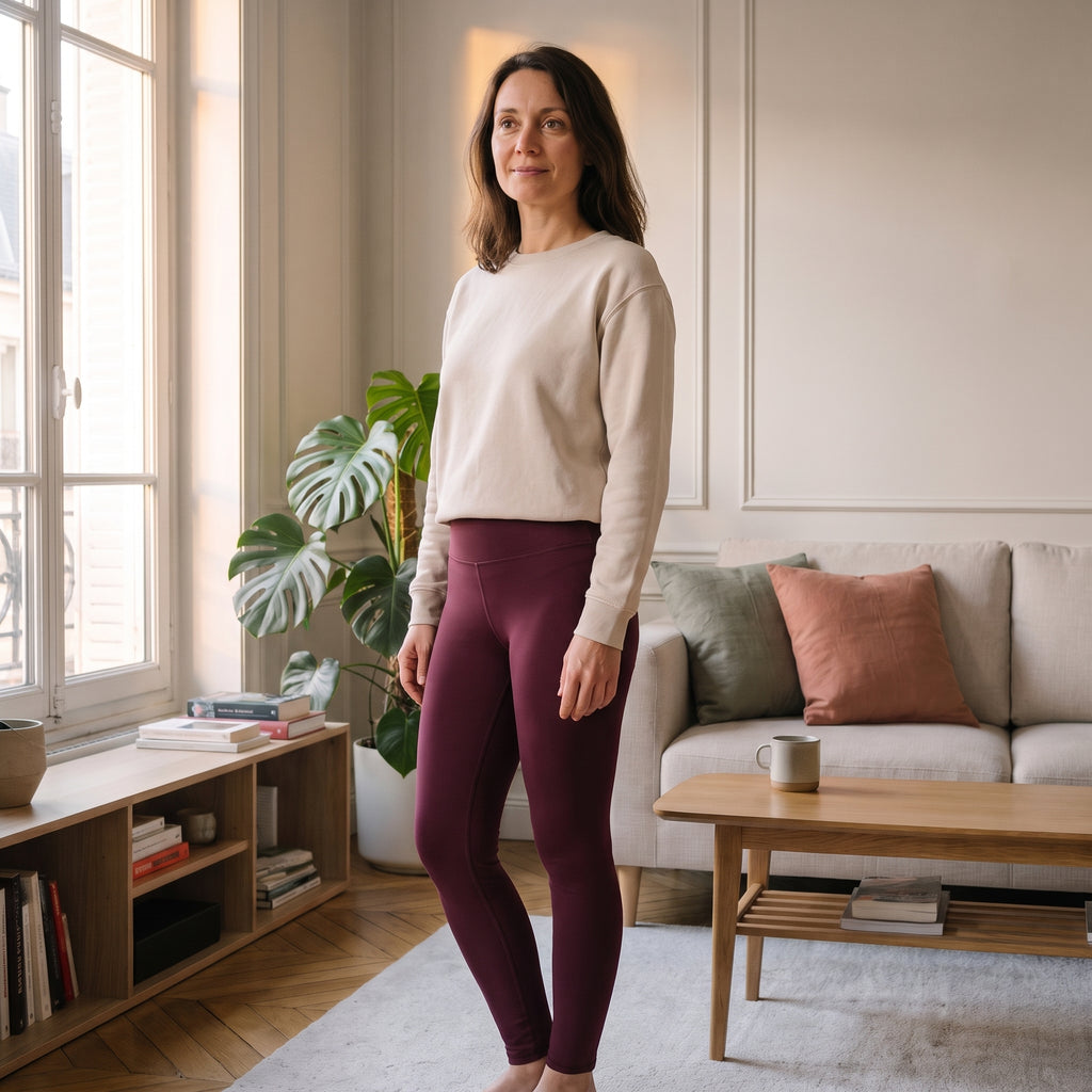 Femme du casting portant le legging de sport bordeaux