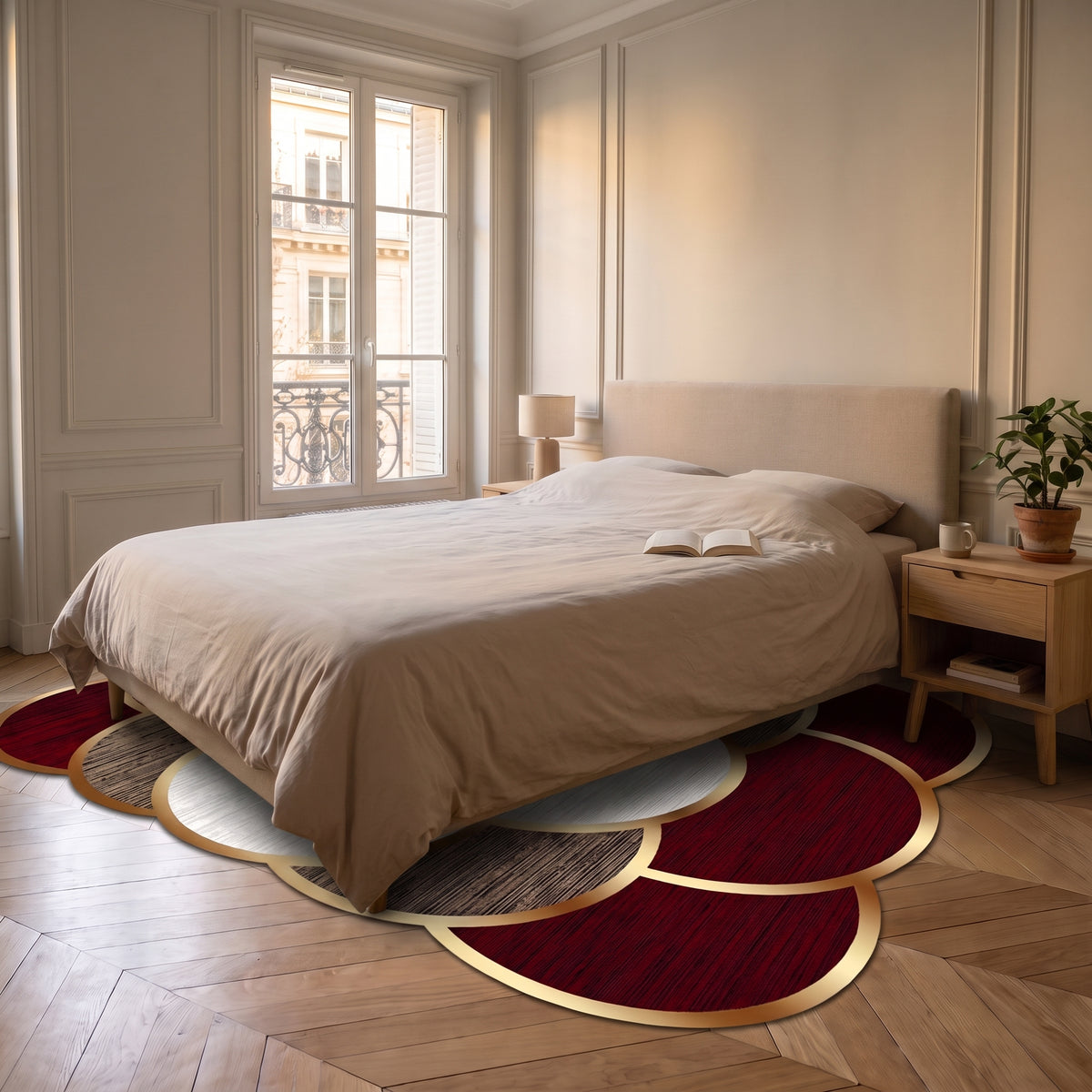 Tapis à pétales bordeaux posé au sol de la chambre
